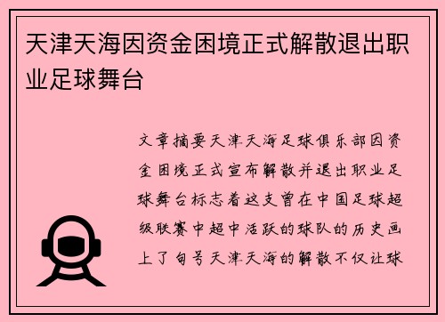 天津天海因资金困境正式解散退出职业足球舞台 天津天海因资金困境正式解散退出职业足球舞台